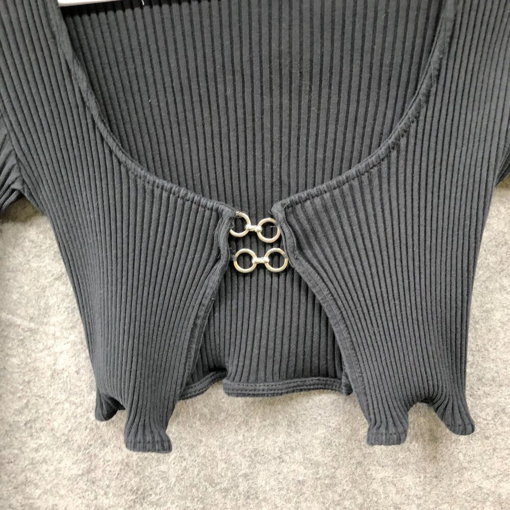 Zara Cropped Cardigan Womens S Black Metal Closure Ribbed Long Sleeve Fitted - Picture 4 of 8